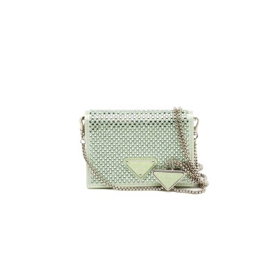 PRADA LIGHT GREEN SATIN CRYSTAL METAL TRIANGLE LOGO CHAIN CARD HOLDER 1MR024 (11*7.5*2cm)  PRADA LIGHT GREEN SATIN CRYSTAL METAL TRIANGLE LOGO CHAIN CARD HOLDER 1MR024 (11*7.5*2cm)